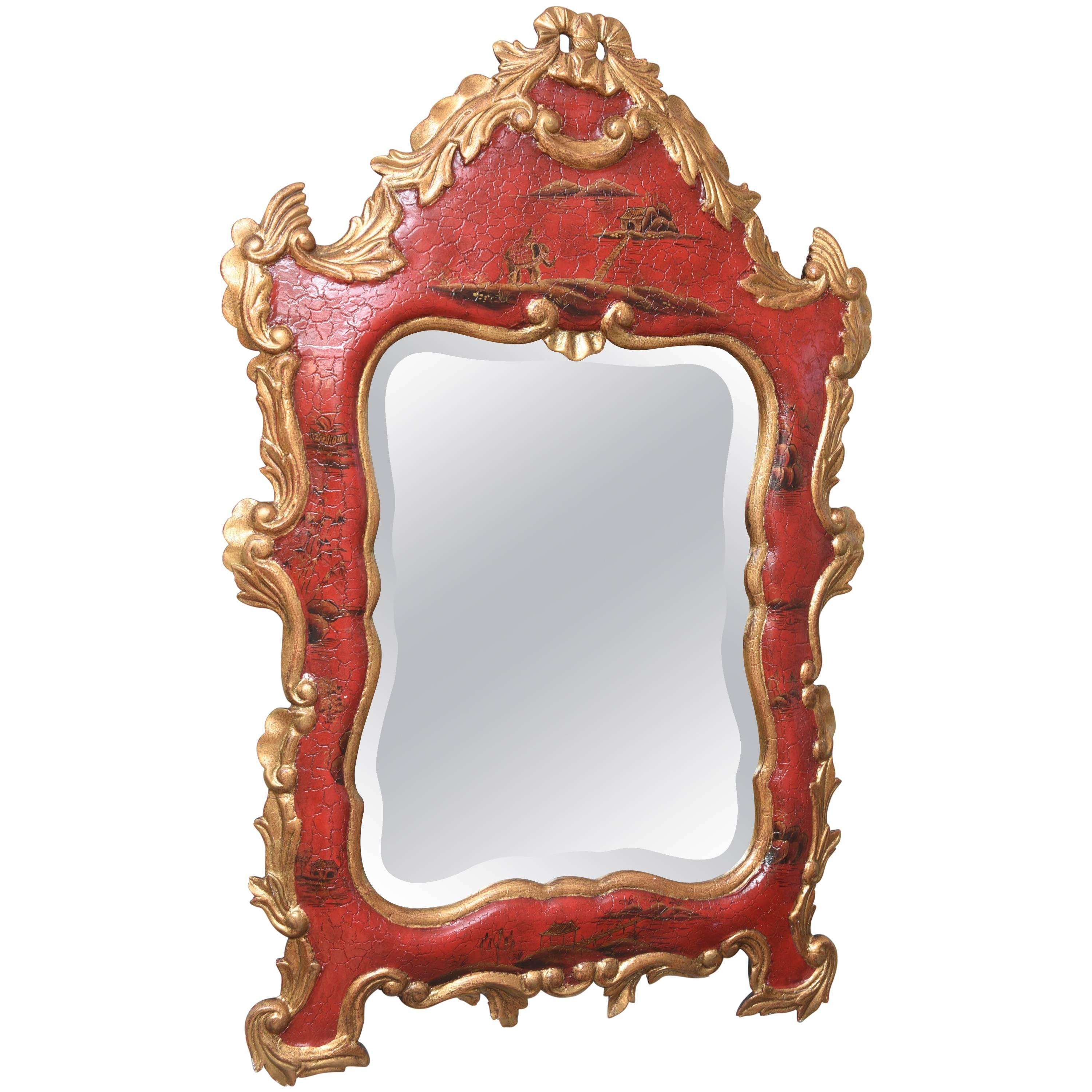 Vintage Red Chinoiserie Gilt and Hand-Painted Mirror, Chippendale Style