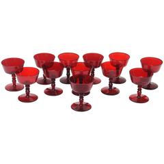 12 Vibrant Mid-Century Blown Red Champagne Coupes, Double Knob Stems 12