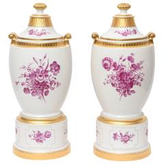 Monumental Pair of Antique Pedestal Urns, Hand-Painted, Copenhagen by Pederson