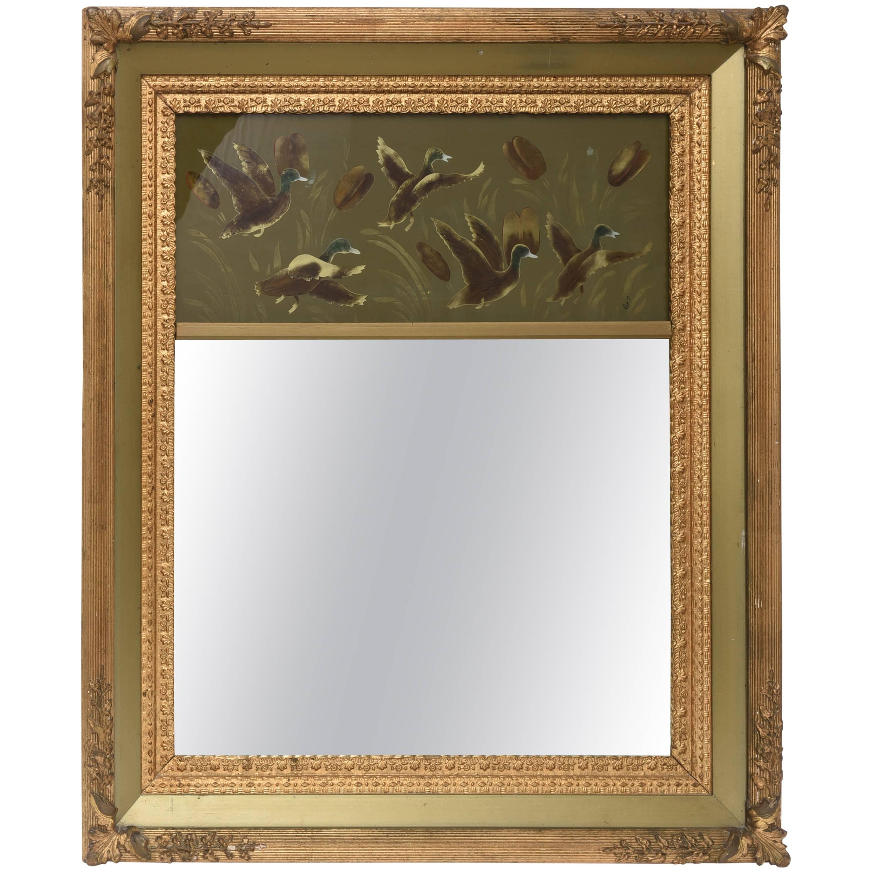 Vintage Mirror Giltwood Game Birds, Reversed Painted, Artist Signed