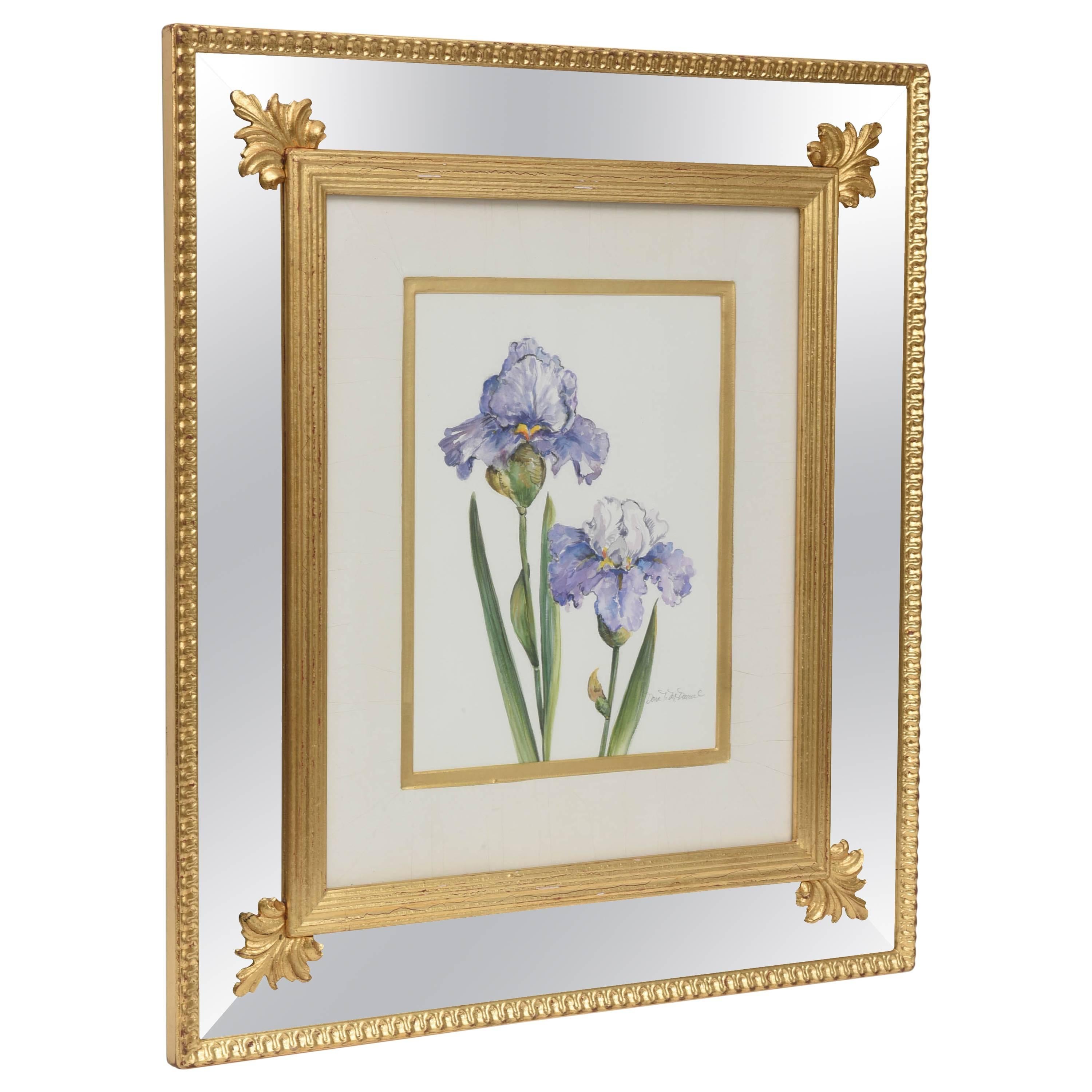 Iris Watercolor by Dorothy McDowell, Signed, Gilt Custom Mirror Frame