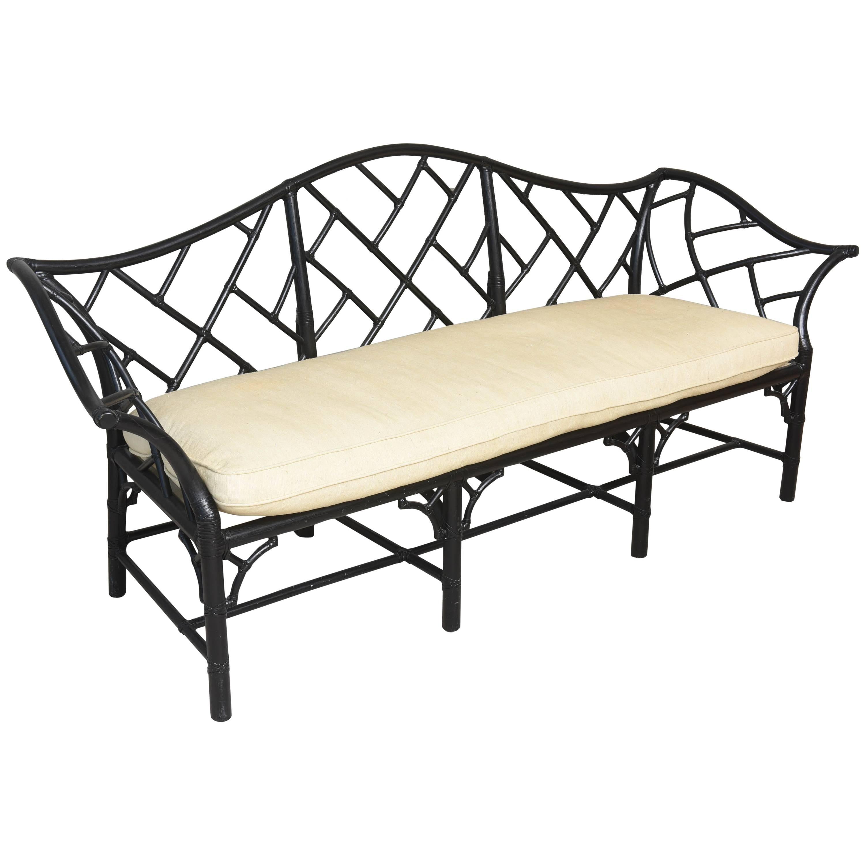 Vintage McGuire Black Faux Bamboo Chinoiserie Styled Couch, Roll Arm Stretchers