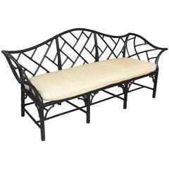 Vintage McGuire Black Faux Bamboo Chinoiserie Styled Couch, Roll Arm Stretchers