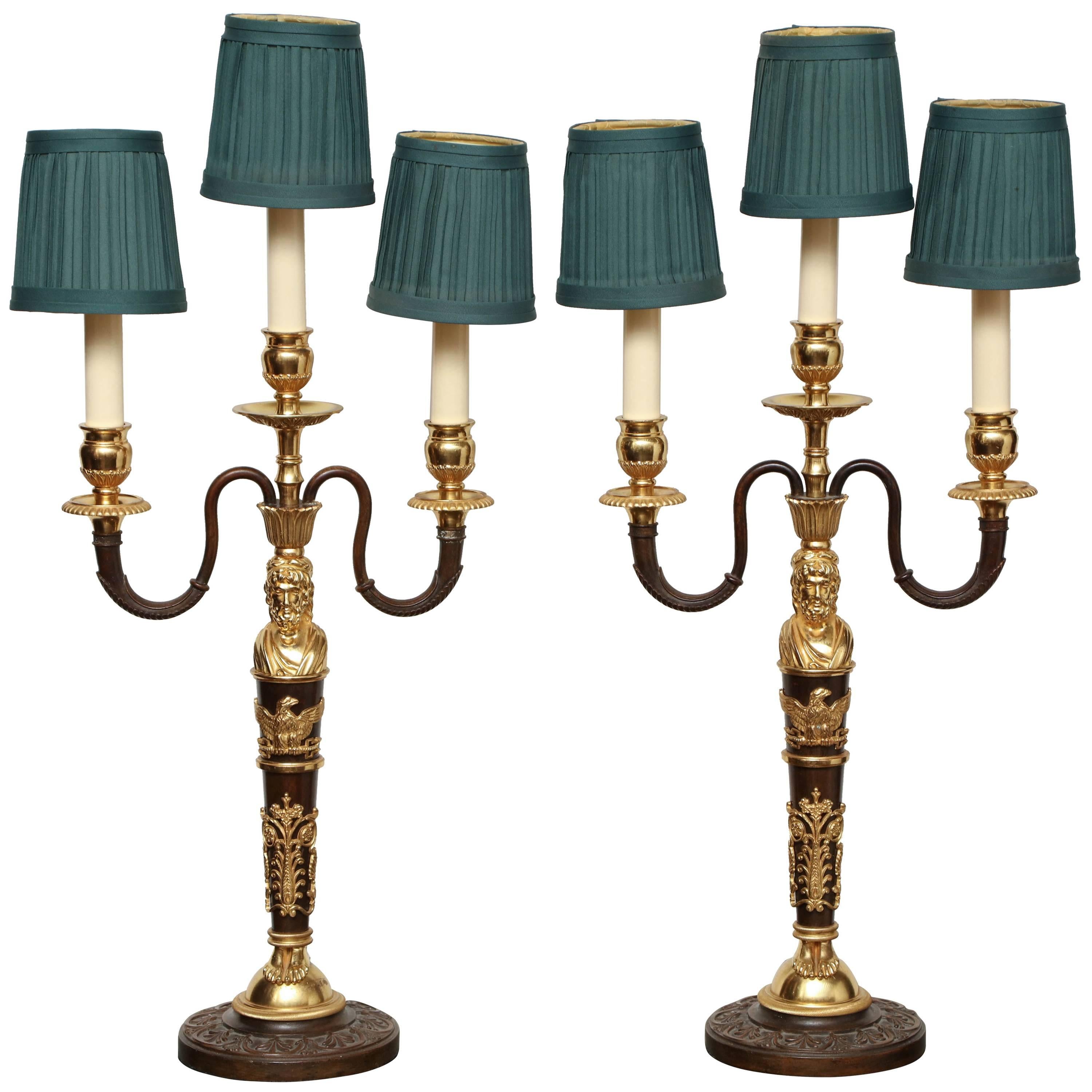 Pair of Bronze and Gilt Bronze Three-Branch Candelabra Converted to Lamps
