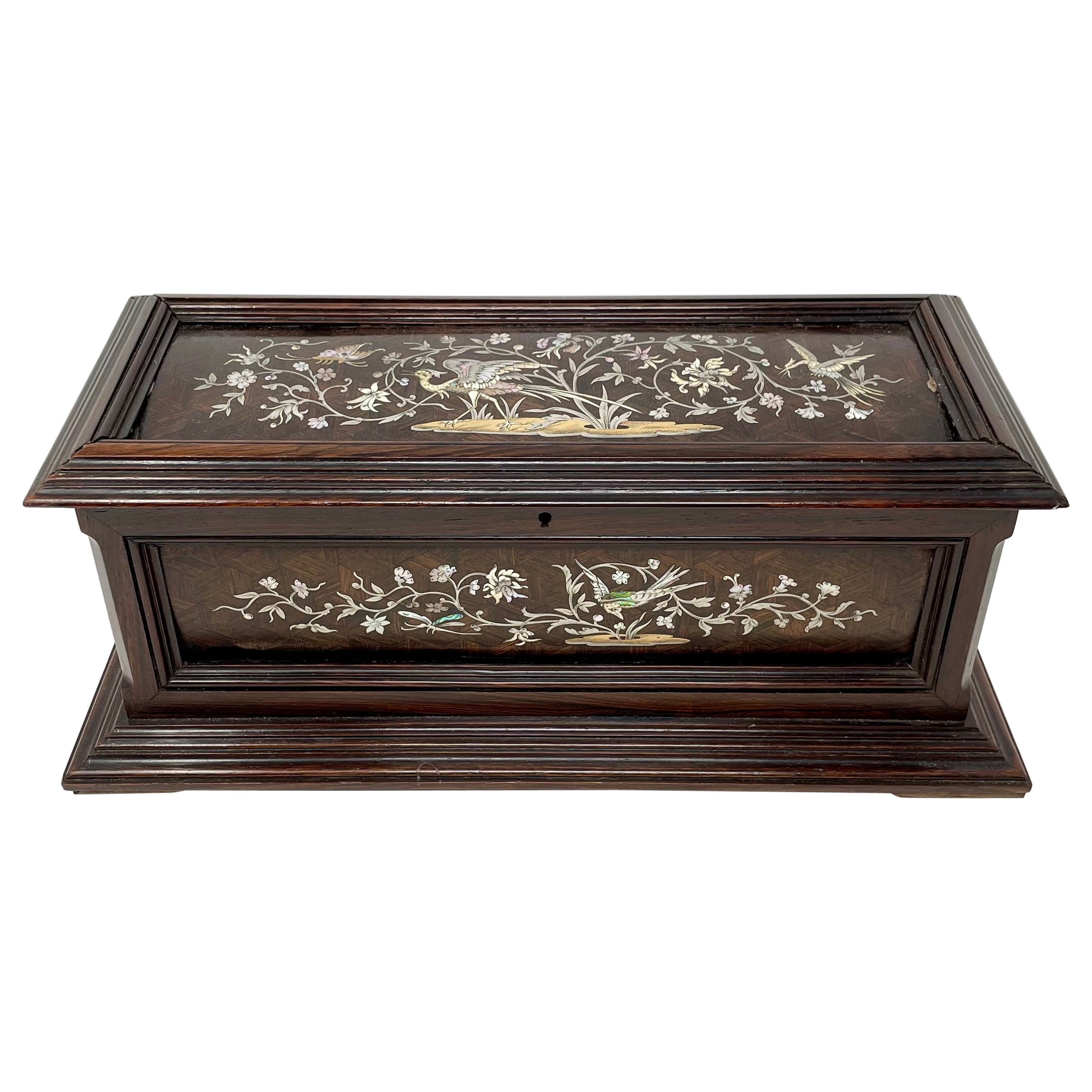 Antique French Napoleon III Rosewood Jewel Box with Silver Inlay Circa 1860-1870
