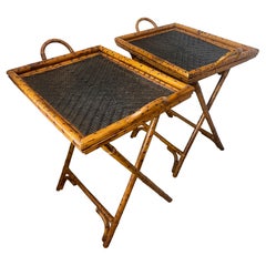 Pair of Tortoiseshell Bamboo & Black Woven Wicker Tray Tables With Stands