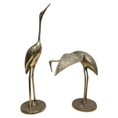 Set of Two Crane or Heron Bird Brass Statue Sculpture Vintage, 1960s