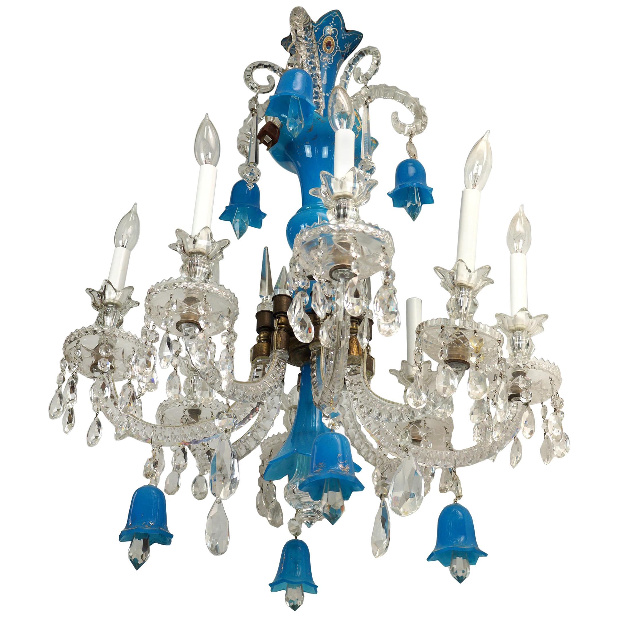 Blue Opaline and Clear Glass Chandelier