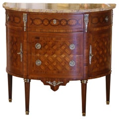 Vintage Mid-Century French Louis XVI Marble Top Carved Walnut Demilune Commode Chest