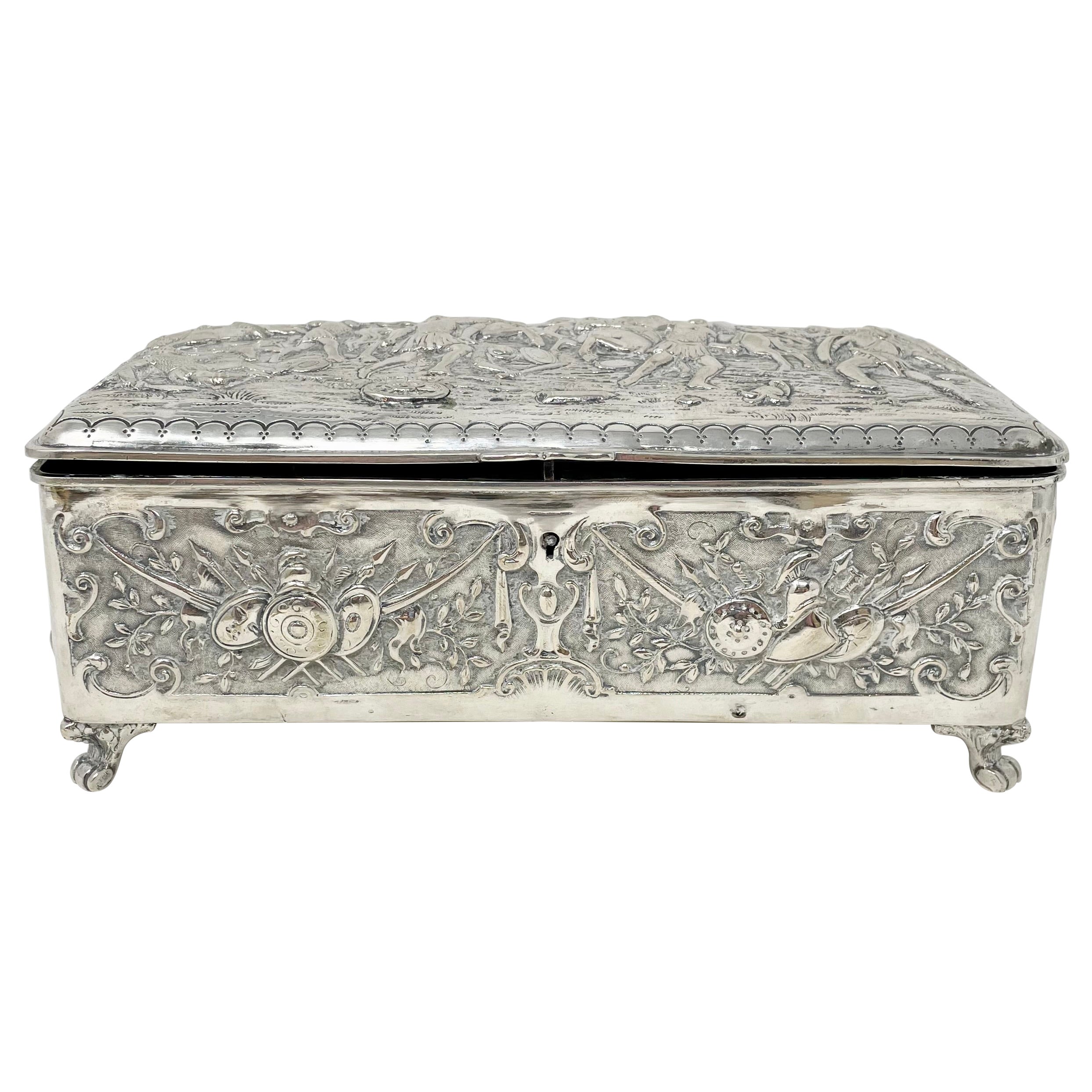 Antique Continental Silver Repousse Jewel Box, Circa 1875-1895. For Sale