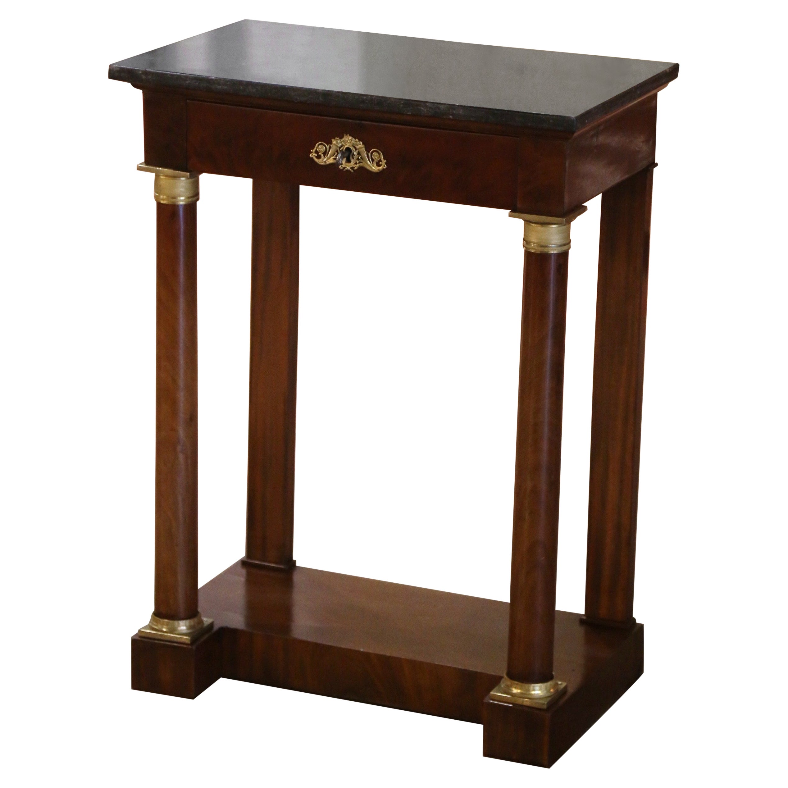 19th Century French Empire Marble Top Mahogany Console Table with Drawer