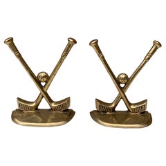 Vintage Cast Brass Double Golf Club Bookends, Pair