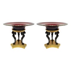 Pareja de Tazzas Francesas Antiguas de Cristal Rubí y Bronce D' Ore, Circa 1920's.