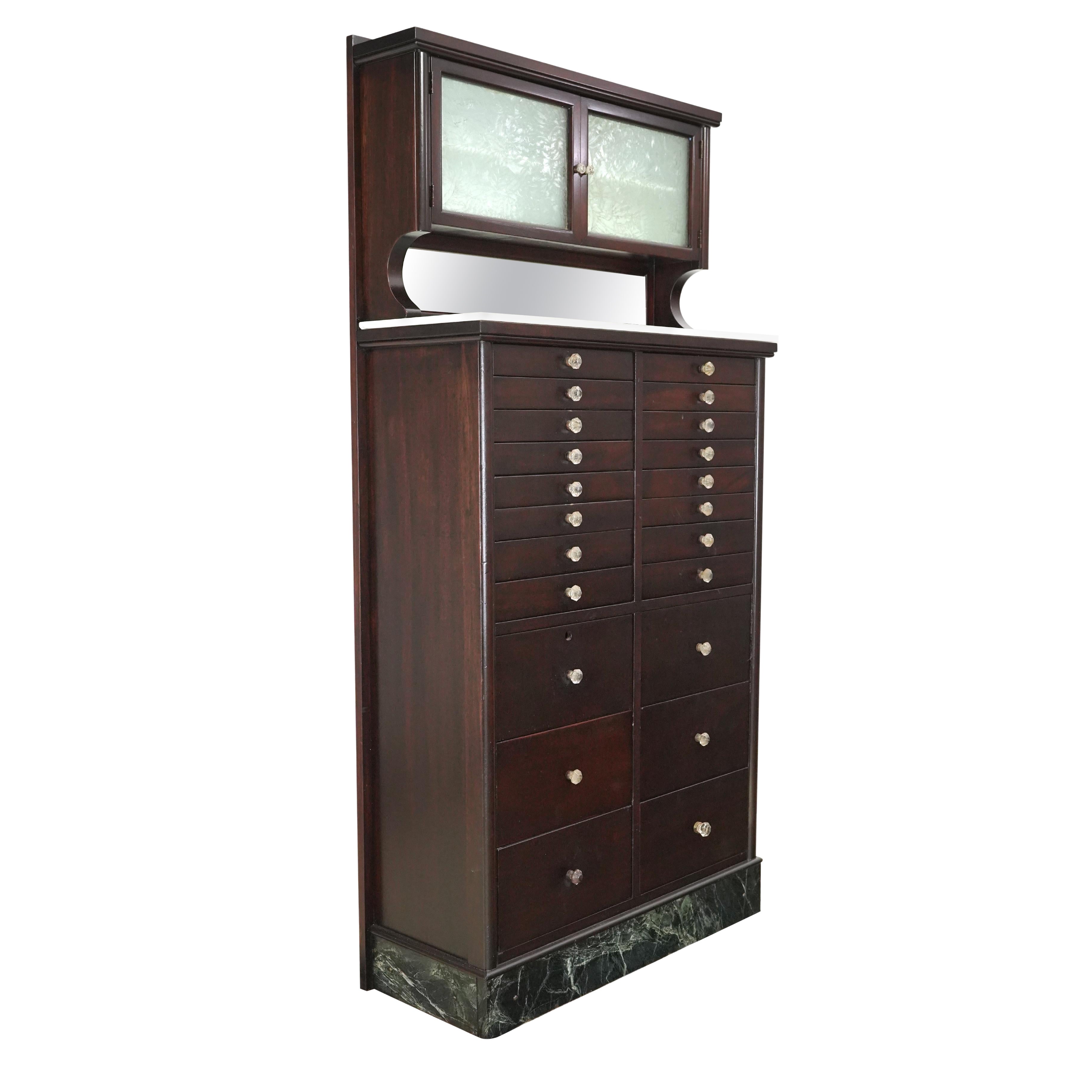 Gabinete dental de caoba y cristal de leche de los años 20 22 cajones