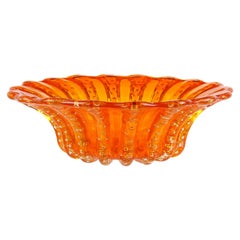 Barovier Toso Murano Bright Orange Gold Flecks Italian Art Glass Scalloped Bowl