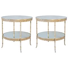 Pair of Silvergilt Iron End Tables with Round Mirrored Tops