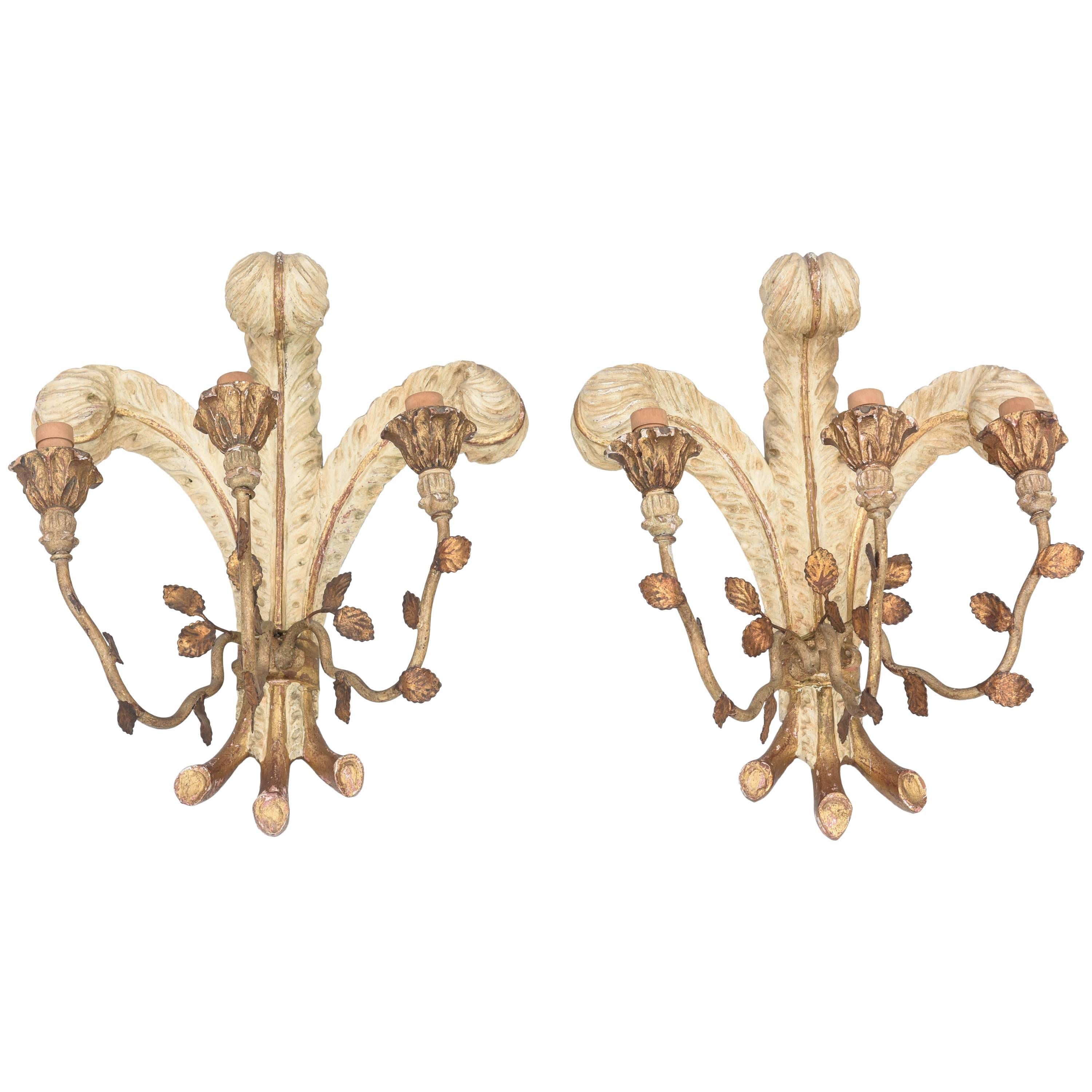 Unusual Pair of Italian Carved Wood "Duke of Windsor" Wall Sconces For Sale