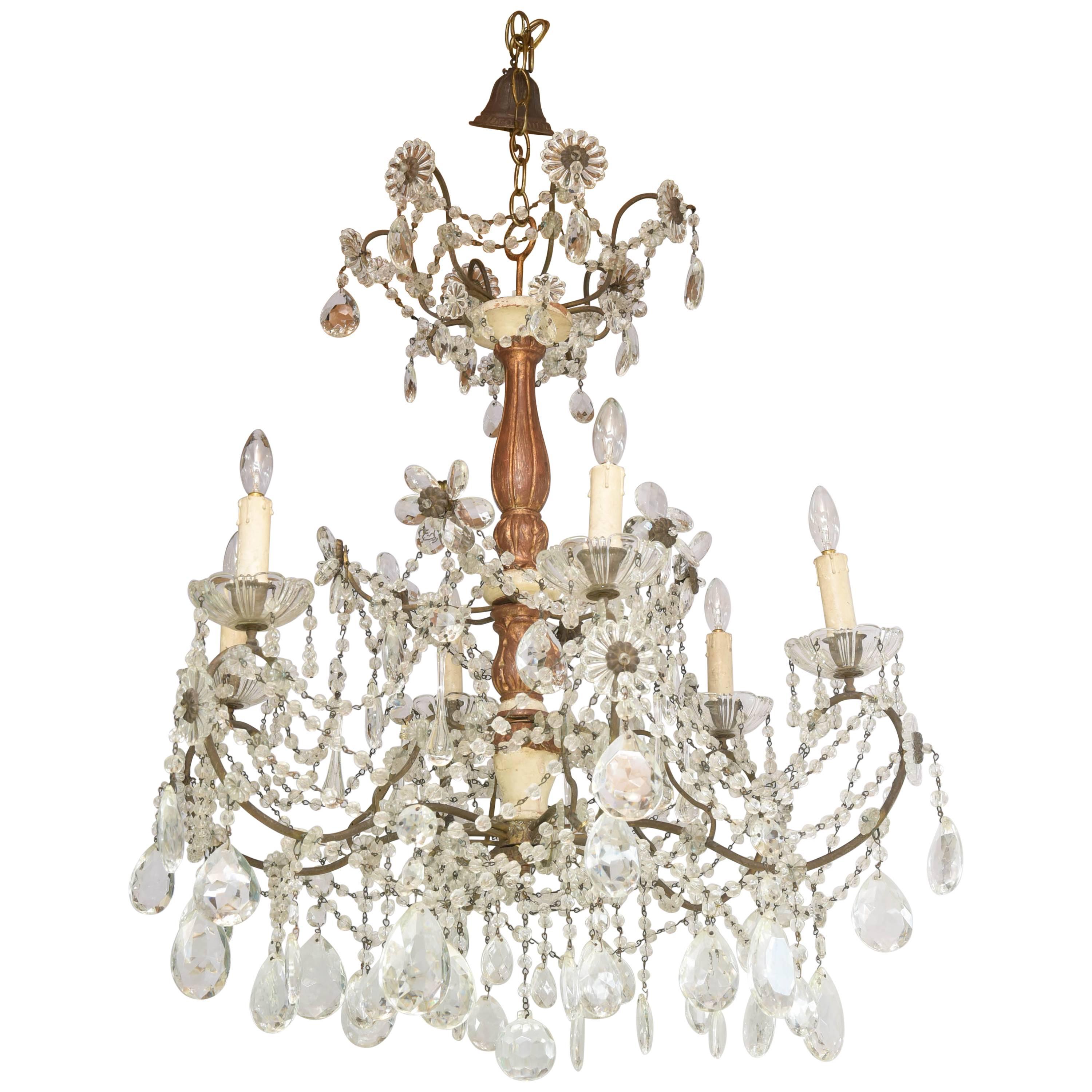 19th Century Italian Pricket Chandelier Draped in Crystal Beads