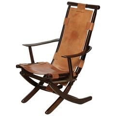 Mid-Century Tan Leather and Wood Folding Chair, Adjustable, circa 1960s