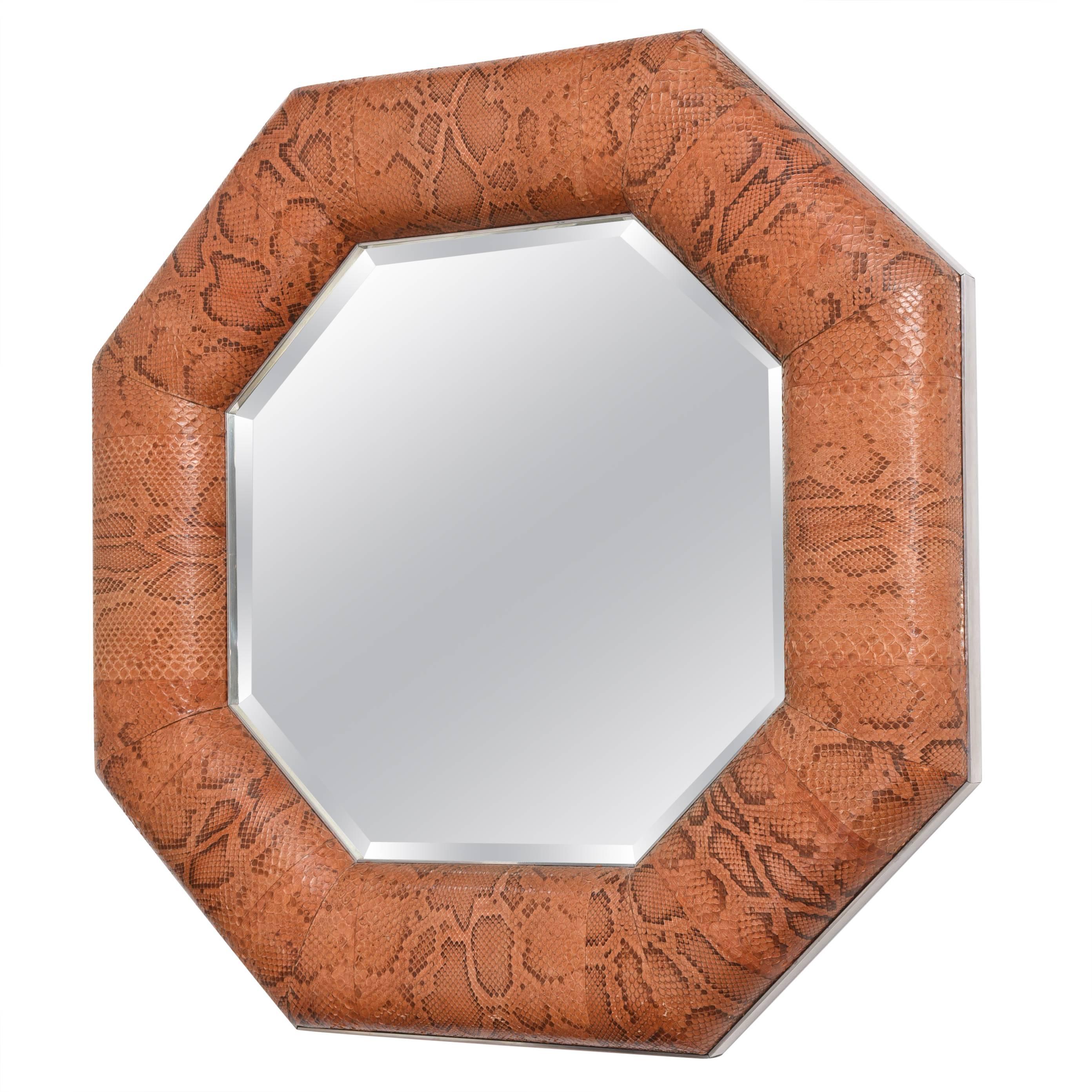 Octagonal Mirror, Dyed-Python Snakeskin, Polished Steel, Style of Karl Springer