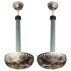 Pair of Jacques Adnet Style Chandeliers, Polished Aluminum and Glass Rods
