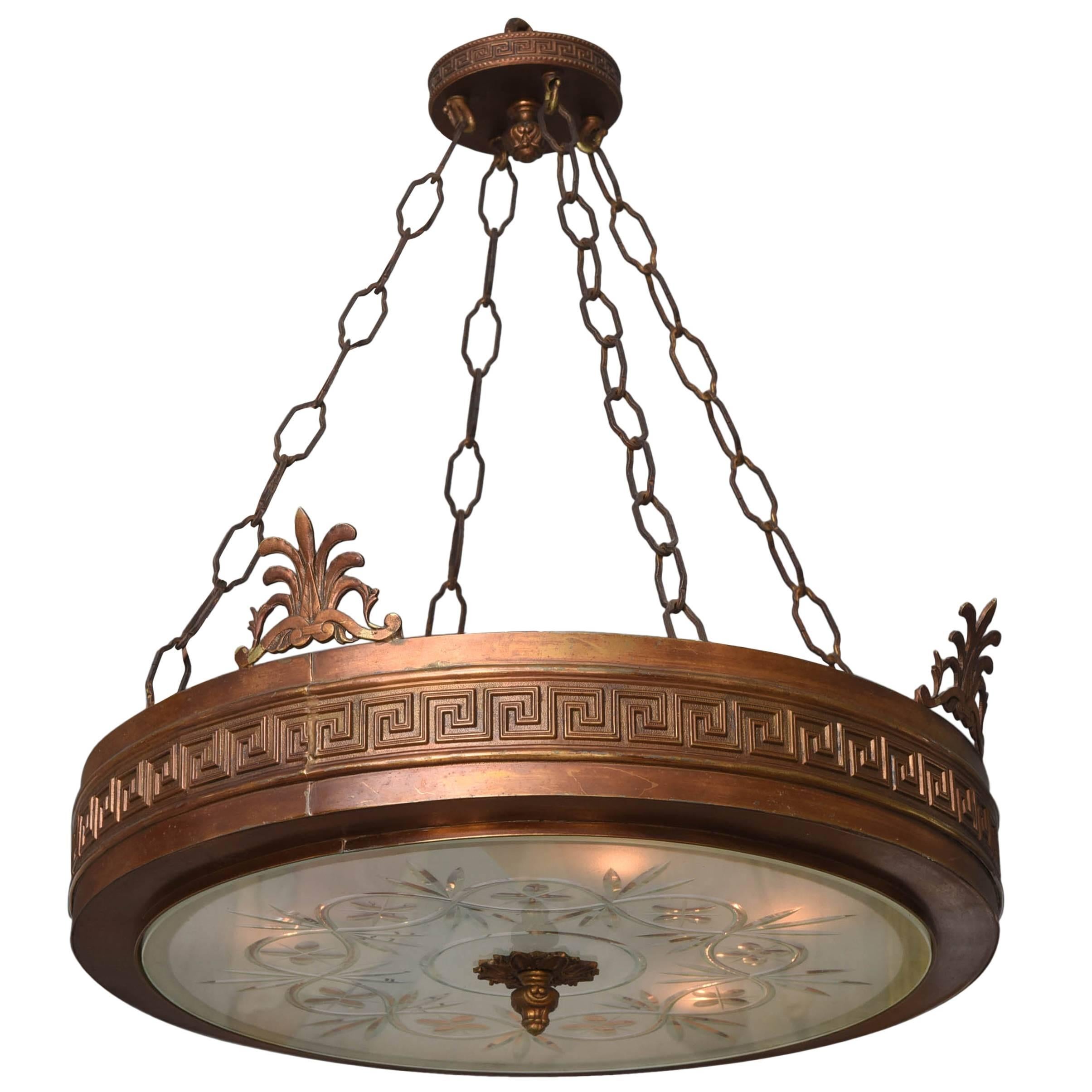Neoclassical, Art Deco Chandelier in Bronze, Frosted and Cut Glass