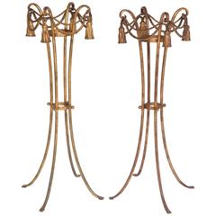 Vintage Pair of Hollywood-Regency Style Rope & Tassel Florentine-Gold Jardinière Stands