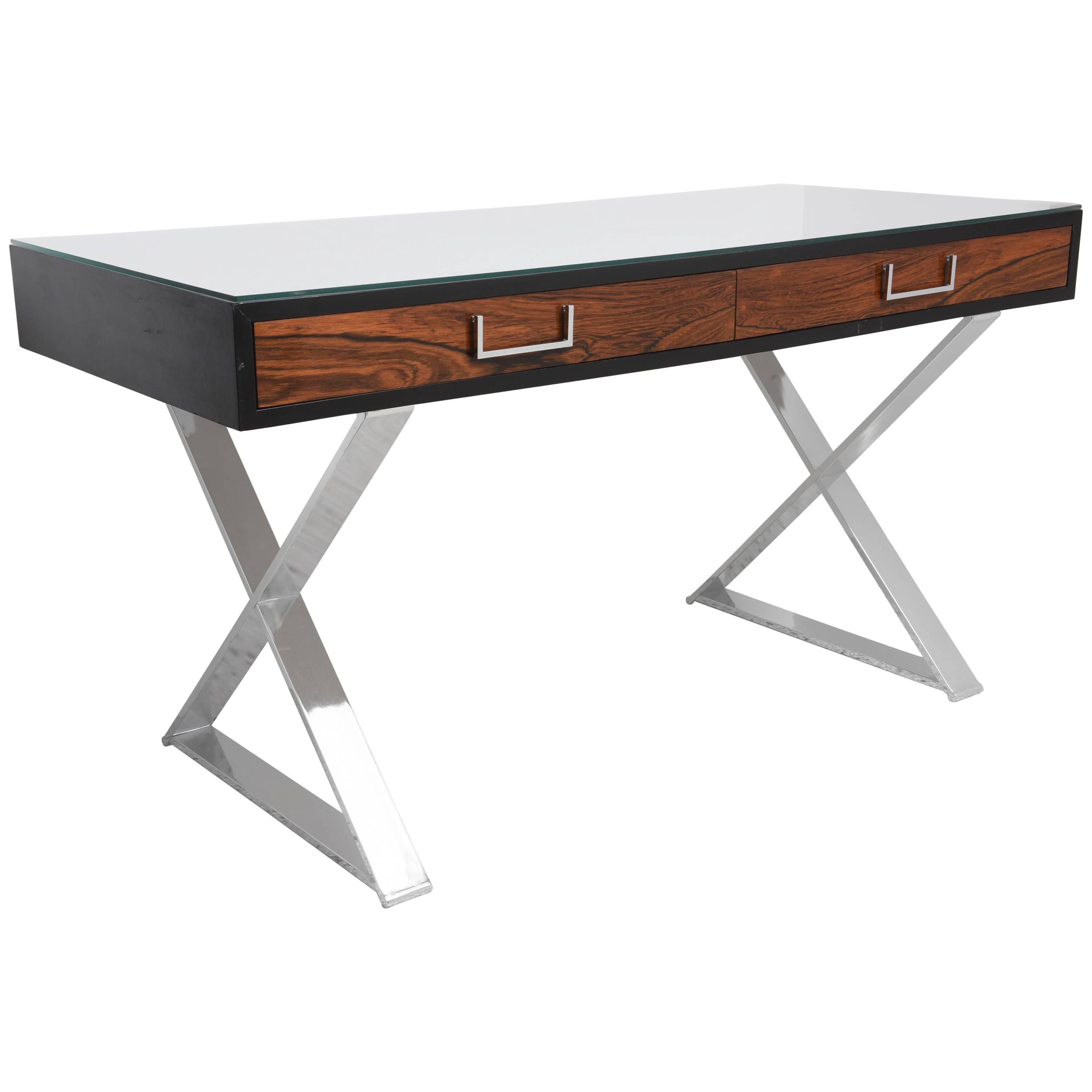 Milo Baughman Two-Drawer, X-Base Campaign Desk in Rosewood and Black Lacquer