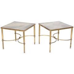 Pair of Maison Jansen Style Square Tables, Brass and Mirror, France, 1940s