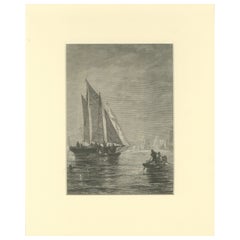 Antique Engraving of Sailing Boats in Possibly Victoria Harbour, Hong Kong - ca.1850