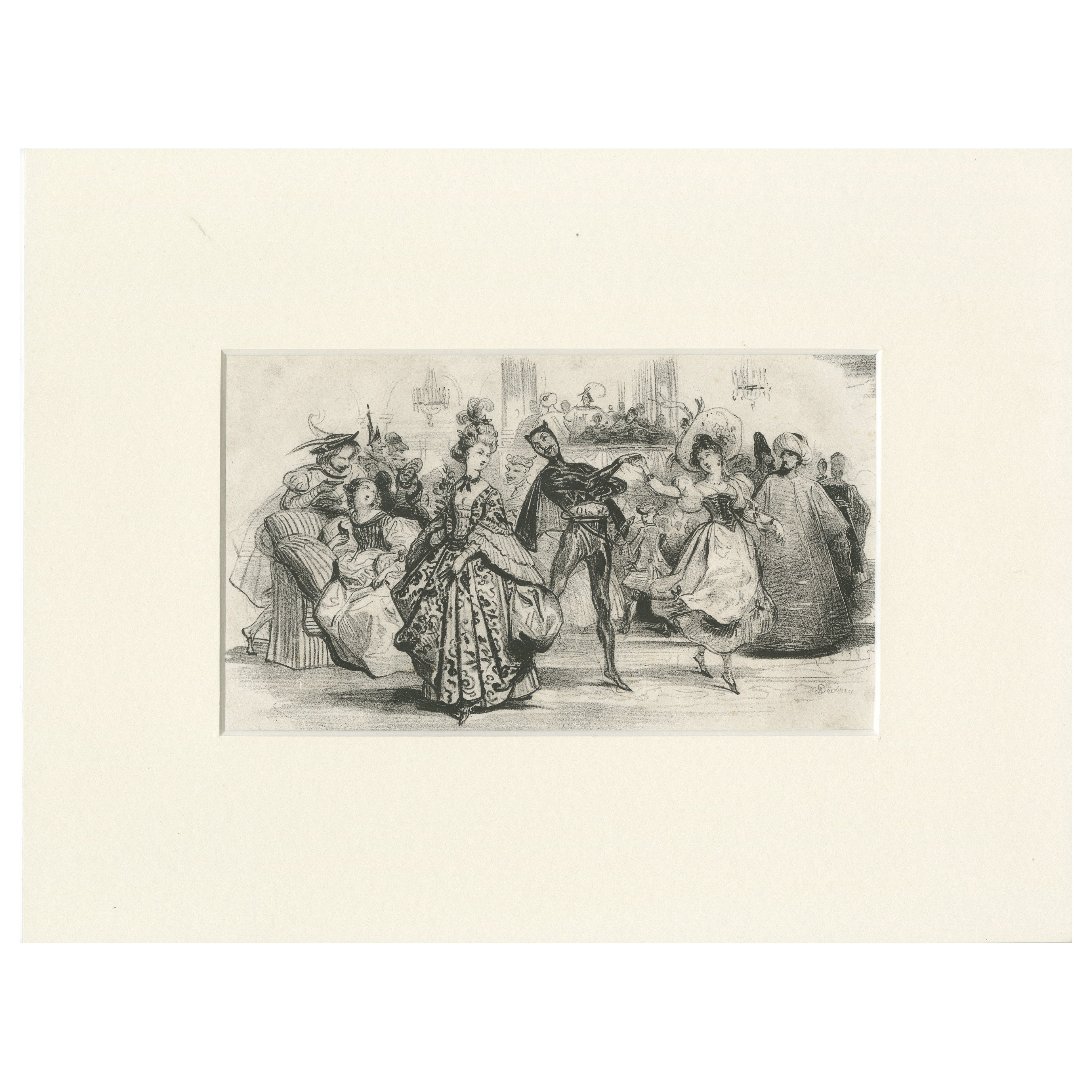 Elegant Early 19th-Century Lithograph by Achille Devéria – Ballroom Scene