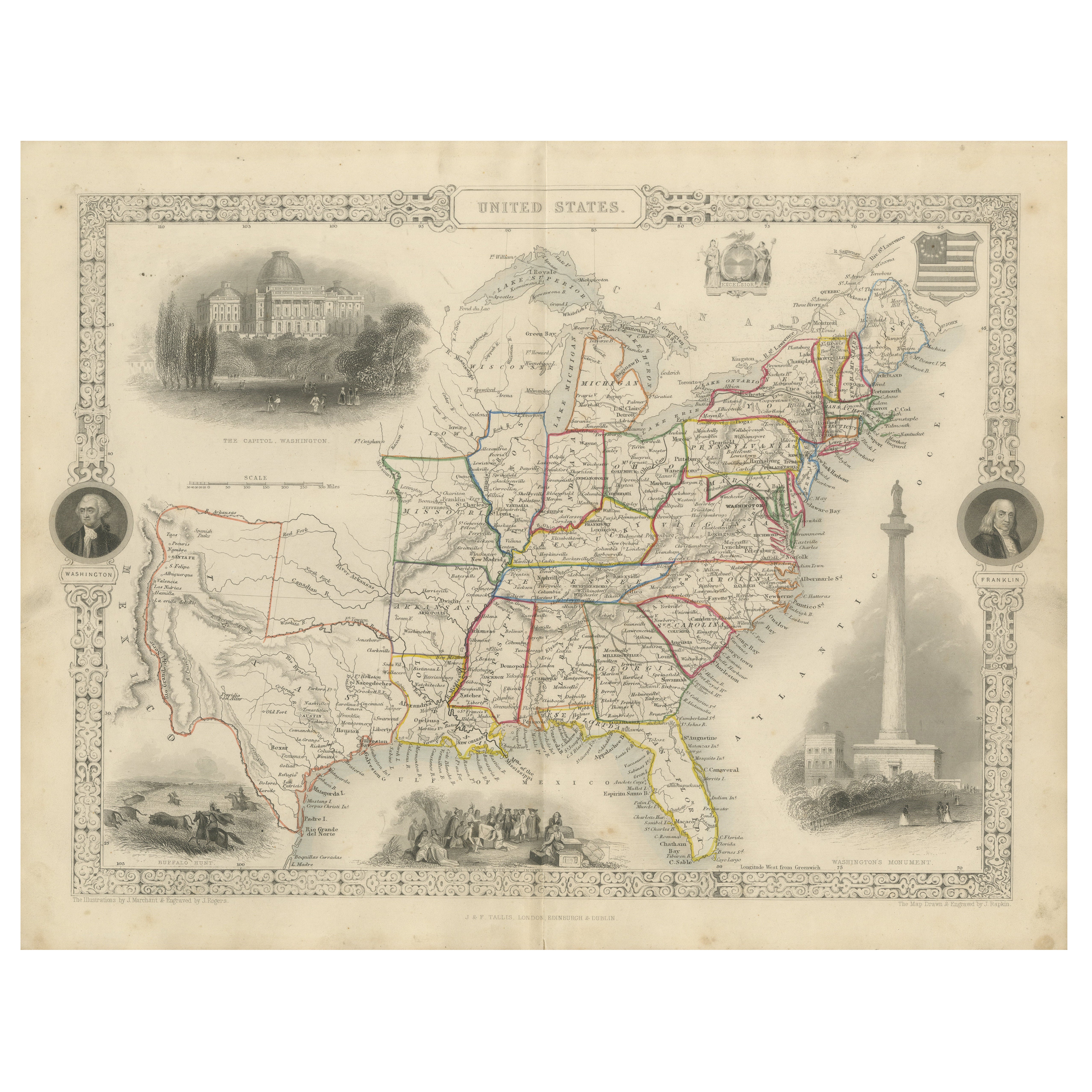 Ornate 1850s Map of the United States: Featuring Iconic Landmarks and Portrets For Sale