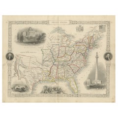 Carte ornée des années 1850 des États-Unis : présentant des monuments et des tourelles emblématiques