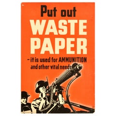 Póster Original Vintage War Home Front Put Out Waste Paper Ammunition WWII
