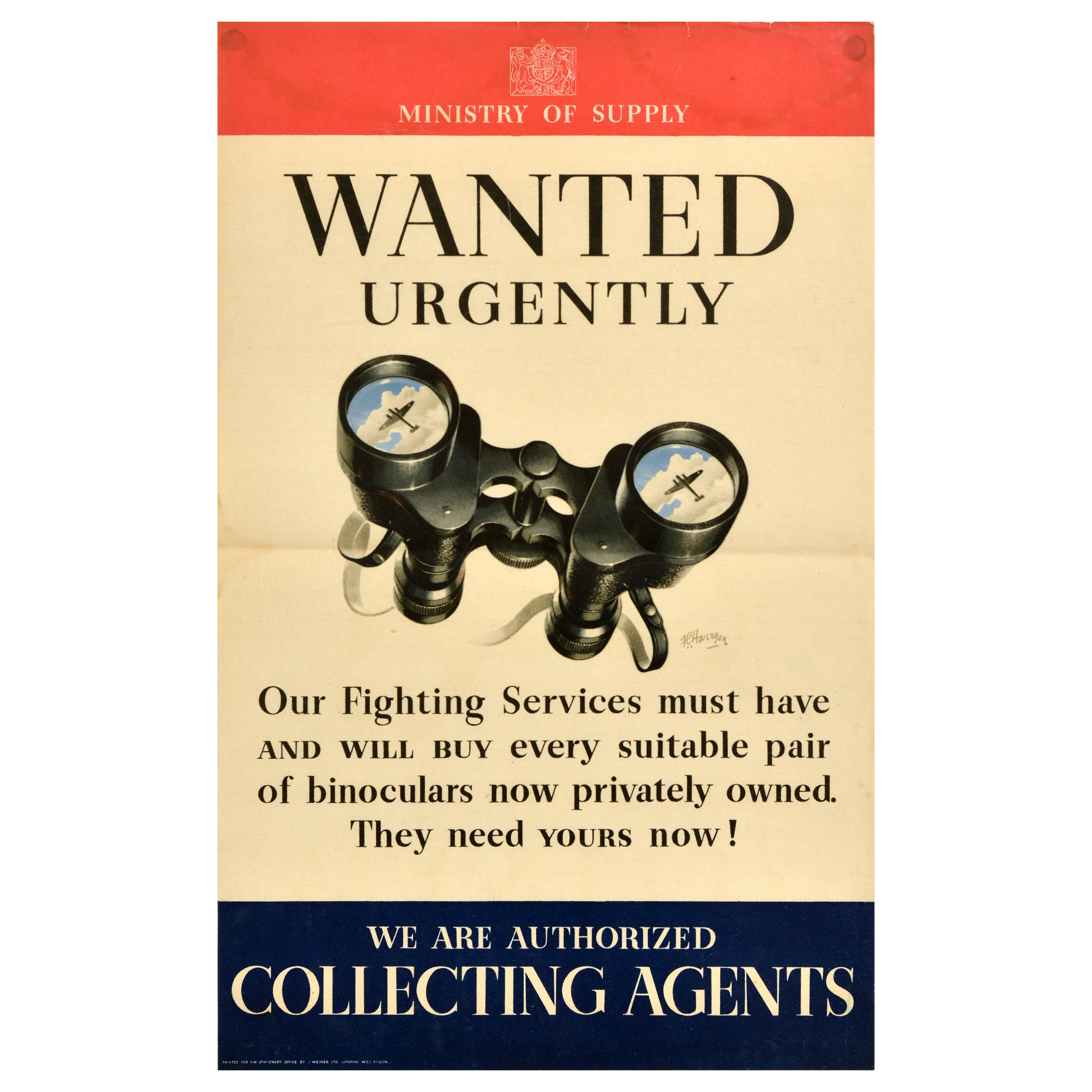Original Vintage World War Two Supply Poster Binoculars Wanted Urgently WWII