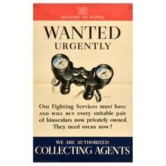 Original Vintage World War Two Supply Poster Binoculars Wanted Urgently WWII