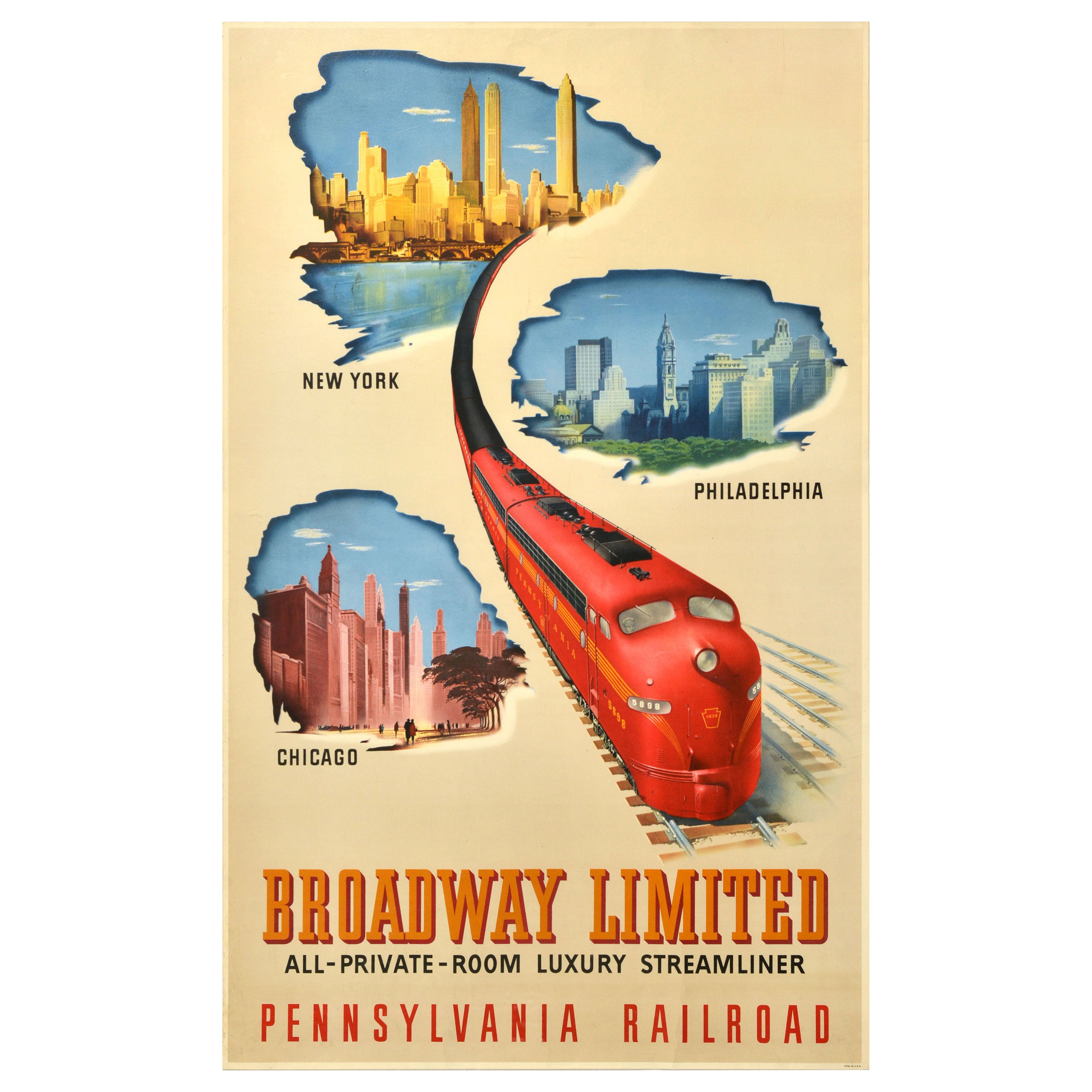 Original Vintage Cartel de viaje en tren Broadway Limited Pennsylvania Railroad EE.UU.