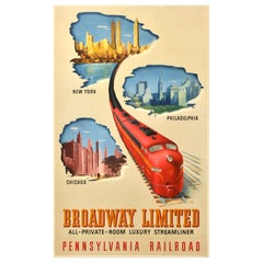 Original Vintage Cartel de viaje en tren Broadway Limited Pennsylvania Railroad EE.UU.