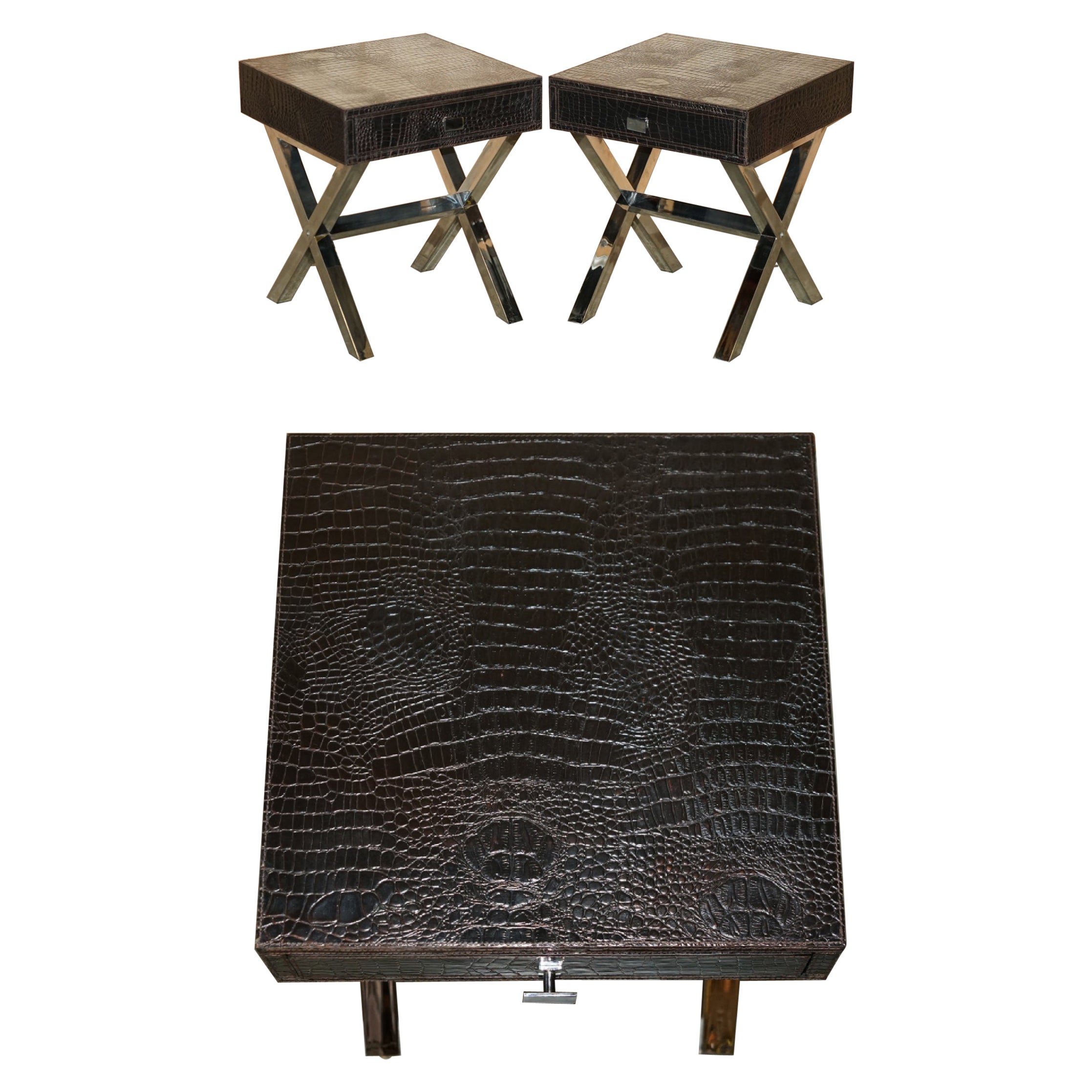 MESAS LATERALES DE PATINA EN CUERO DE ALIGATRO CROCOR ANDREW MARTIN STYLE PAiR