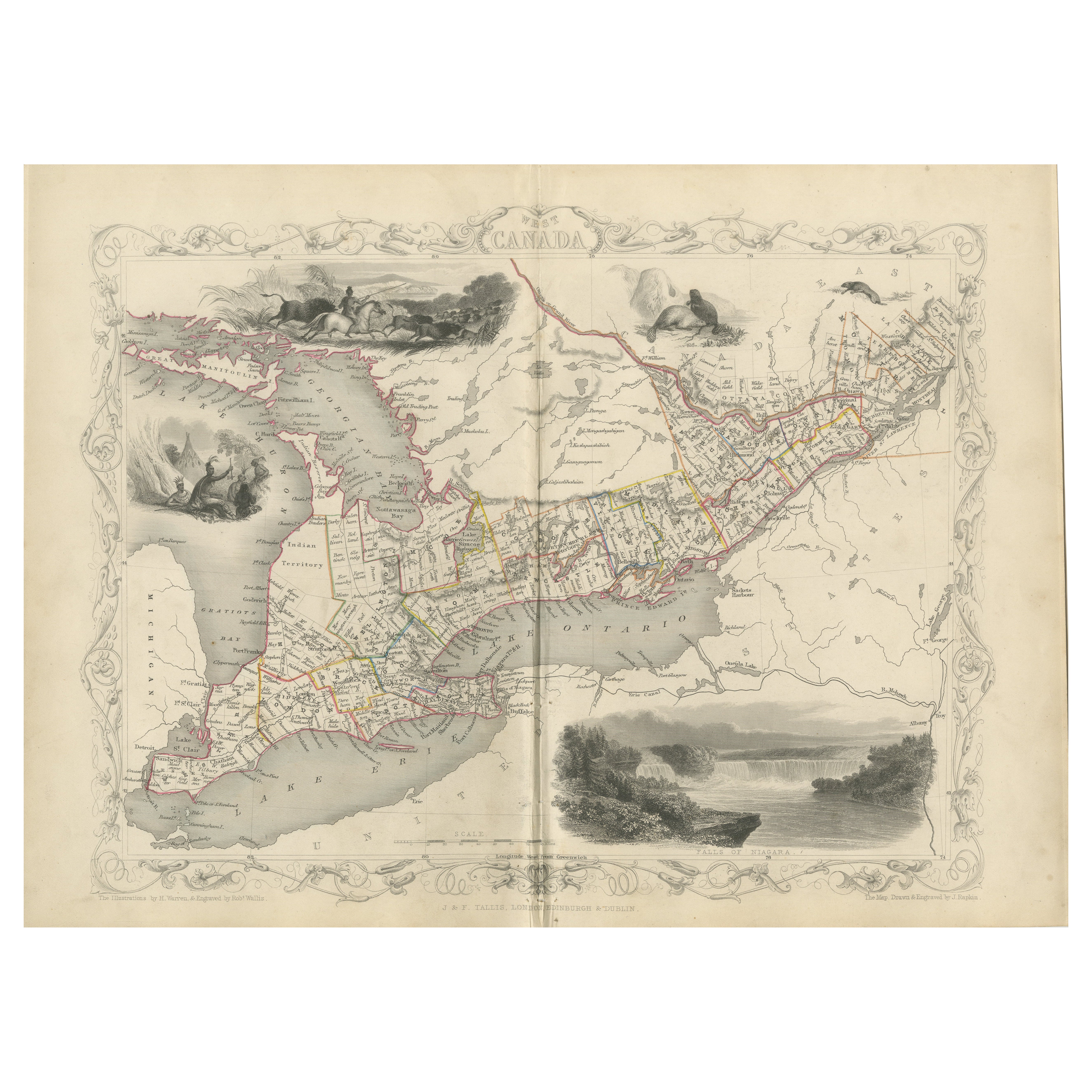 A 19th-Century Map of West Canada with Niagara Falls and Indigenous Scenes