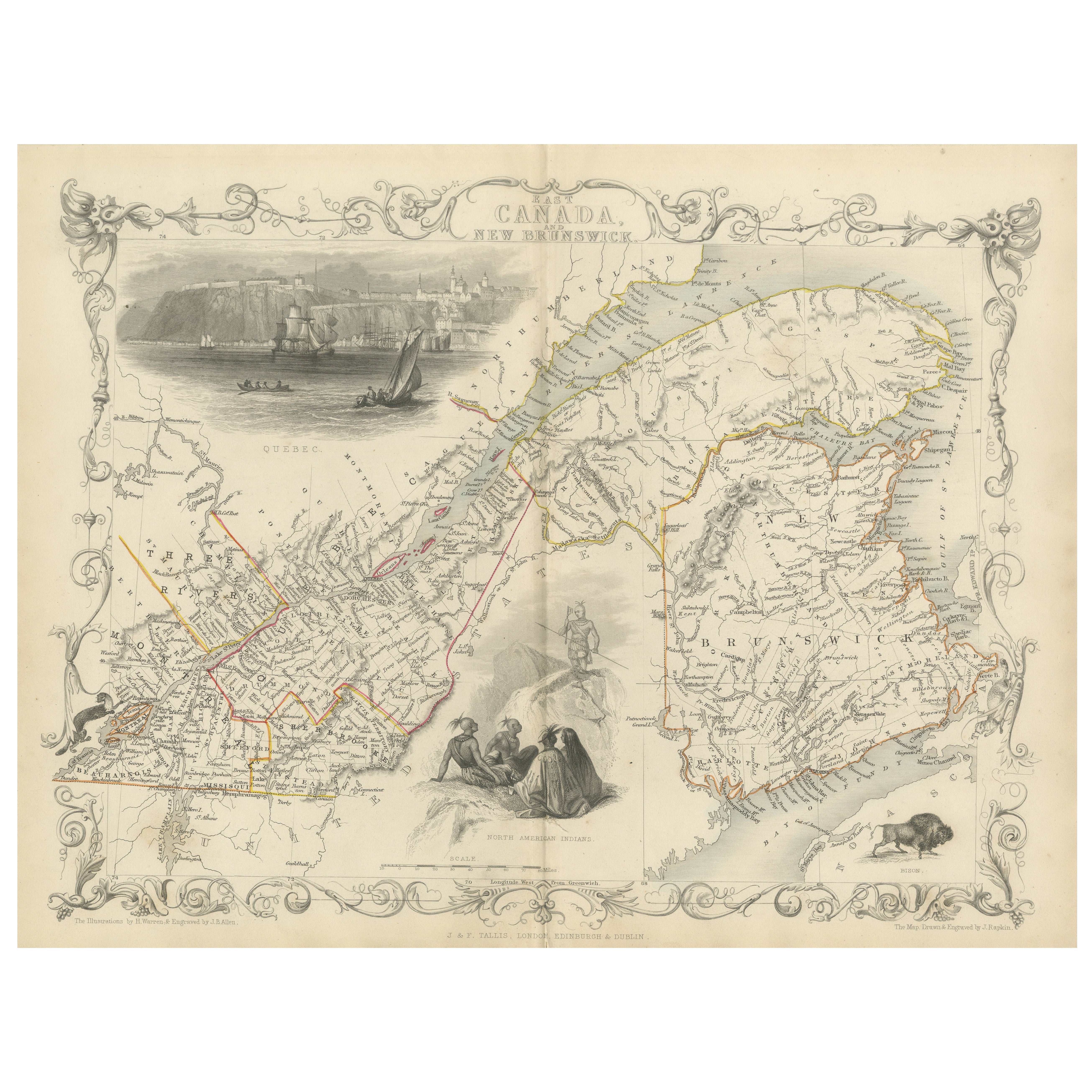 Decorative 1850s Map of Eastern Canada and New Brunswick with Historic Vignettes