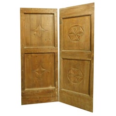 Antique set of 2 Single wooden doors, rustic with carved panels, Italy