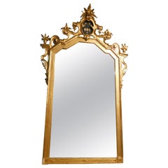 Antique Large gilded wooden mirror with carved top centered by a coat of arms, Italy
