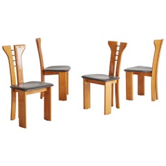 Set of 4 Wood + Black Leather Dining Chairs Attributed to Pierre Cardin