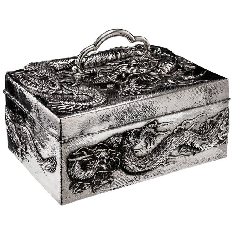 Antique Meiji Japanese Solid Silver Massive Dragon Jewelry Box, circa