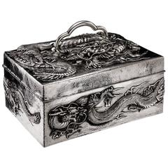 Antique Meiji Japanese Solid Silver Massive Dragon Jewelry Box, circa 1900