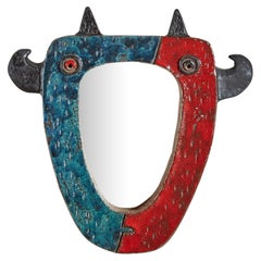 Red + Blue Ceramic Mirror with Horns by Nathalie Soufflet, France 21st Century