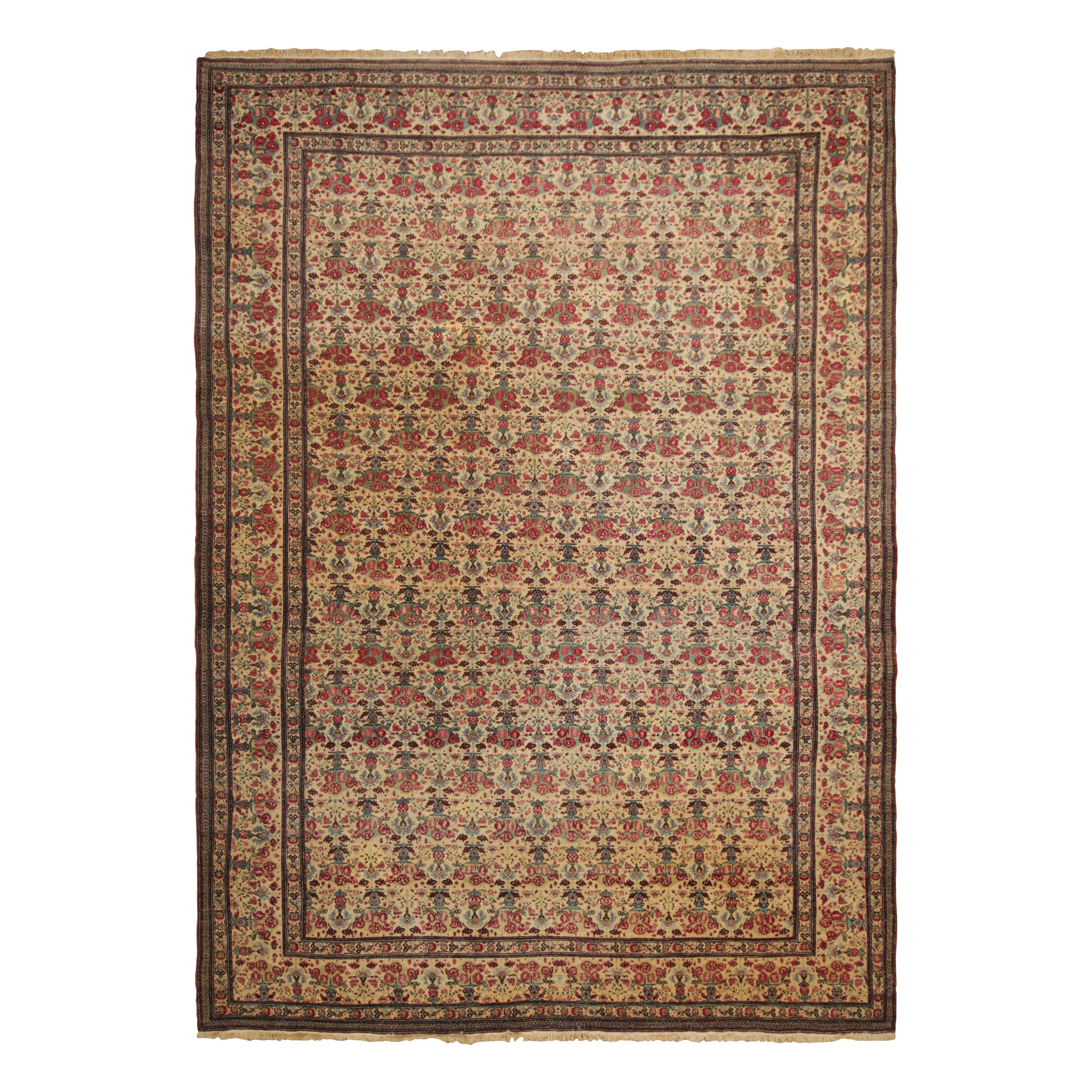 Antique Tehran Persian Rug in Cream with Red Floral Patterns  Rug & Kilim