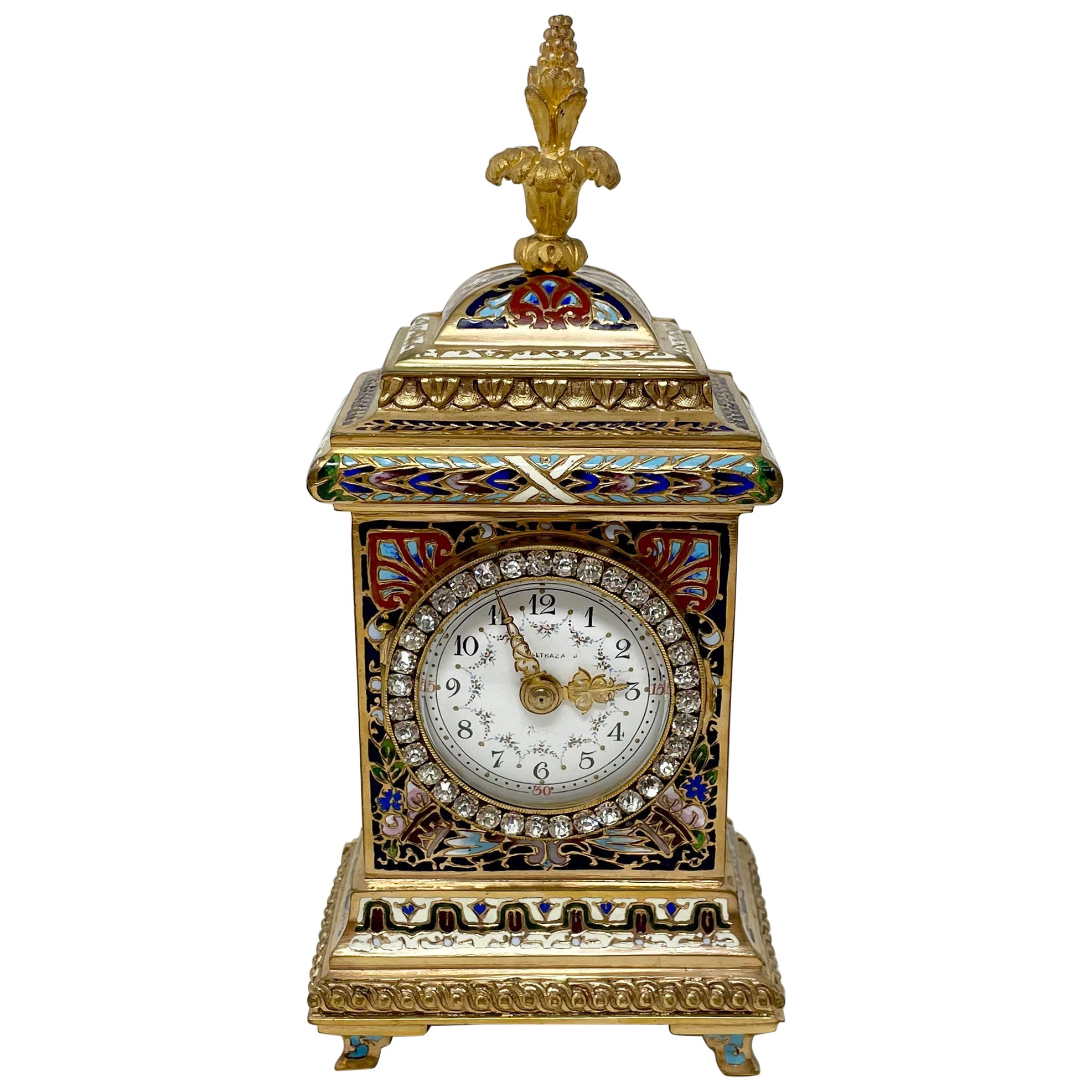 Horloge ancienne en bronze doré émaillé et "bijou", Circa 1890.