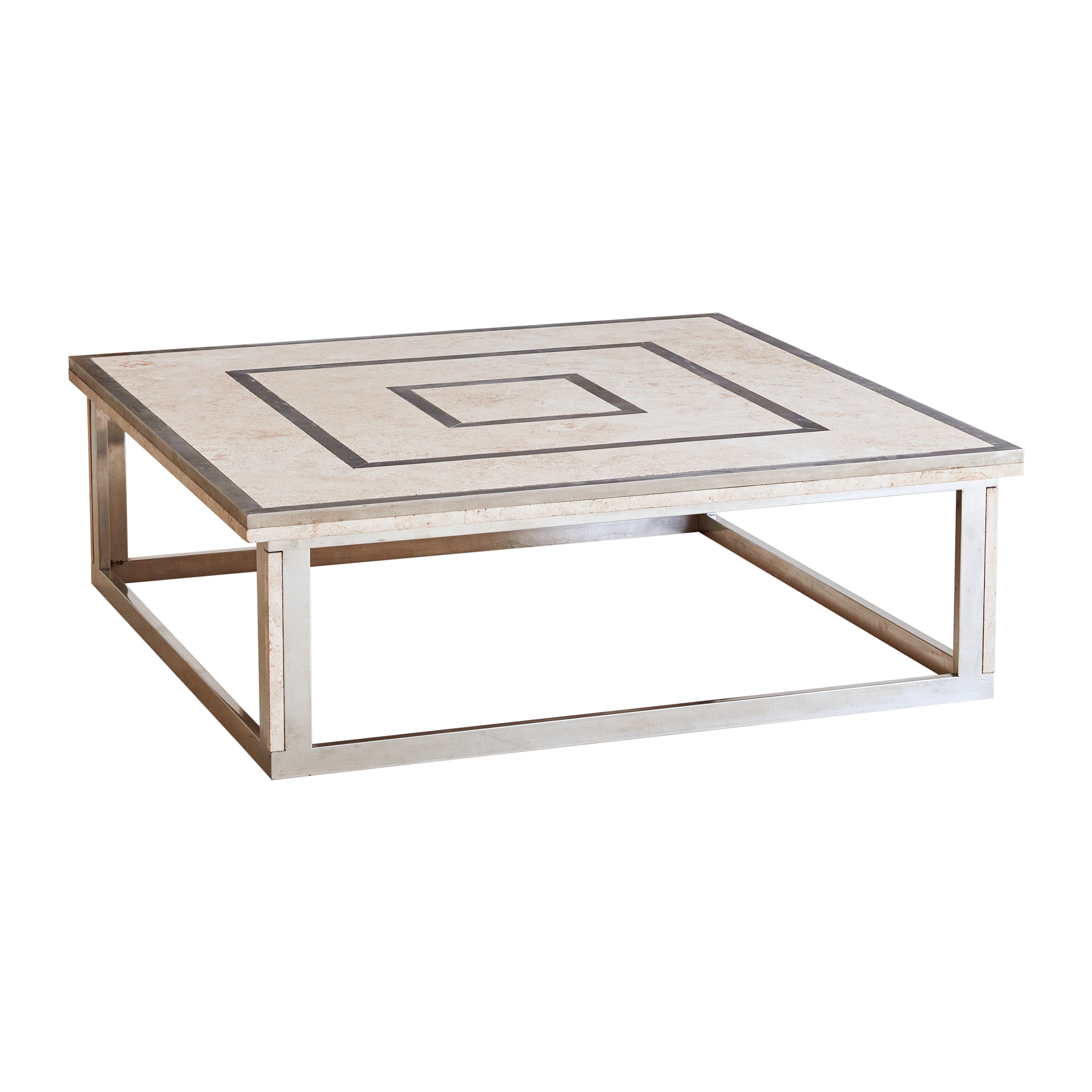 Quadratischer Couchtisch aus Chrom + Travertin, Frankreich 1970er Jahre